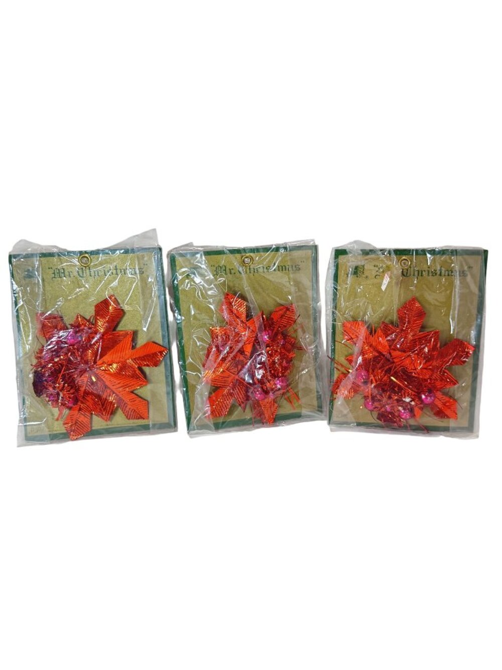 Vintage Mr. Christmas Poinsettia Red Flower Ornaments With Pink Beads NEW